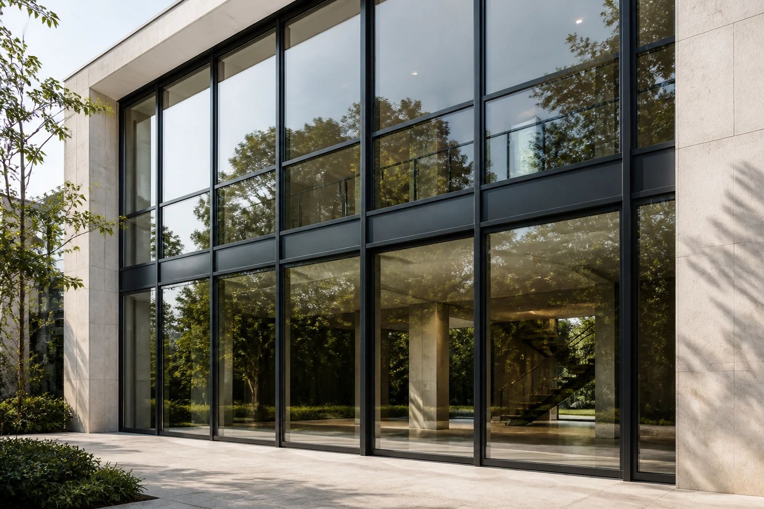 Pfosten-Riegel-Fassade aus Aluminium: tragendes Raster aus Pfosten und Riegeln mit großen Glasfeldern