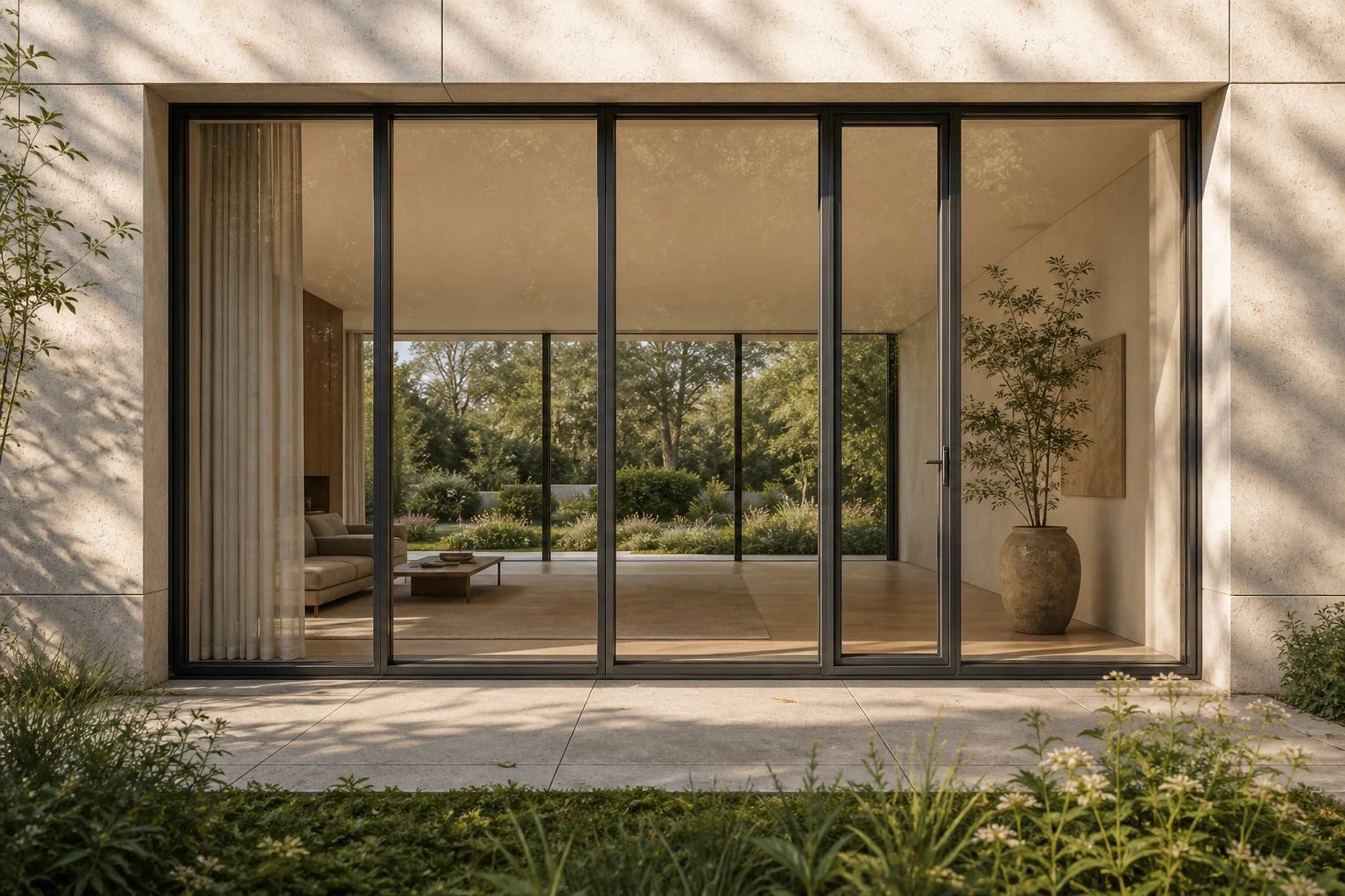 Fertige Aluminium-Fensterwand mit schlanken Profilen in zeitgemäßer Architektur