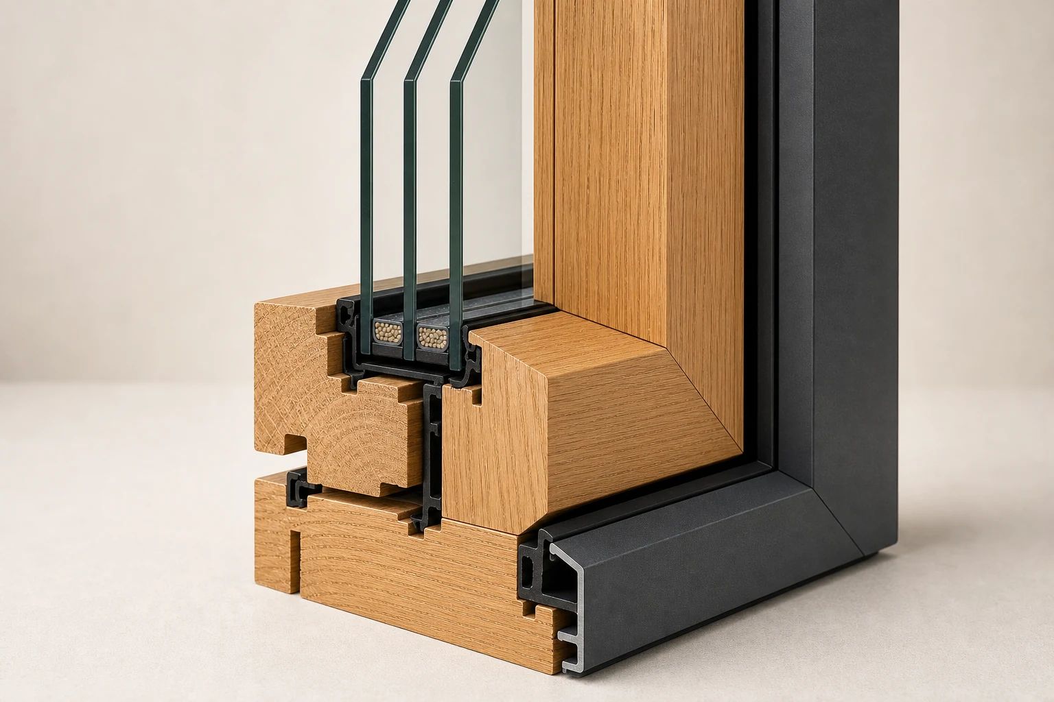 Holz-Alu-Fenster im Eckdetail: warmes Holz innen, dunkle Aluminium-Wetterschale außen