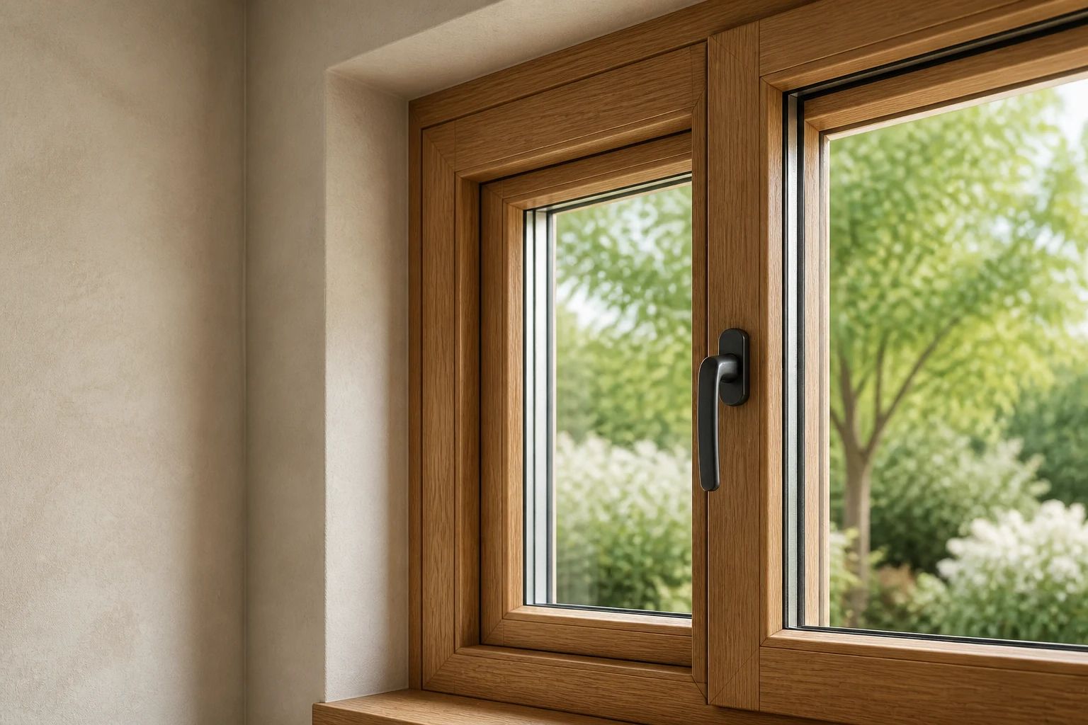Holzfenster aus Eiche von innen mit sichtbarer Maserung, tiefer Holzlaibung und Metallgriff