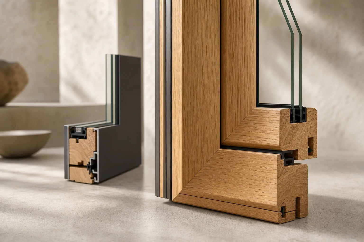 Holzfenster der Holzfamilie: warmer Holzrahmen mit Glaskante und gefertigter Rahmenecke