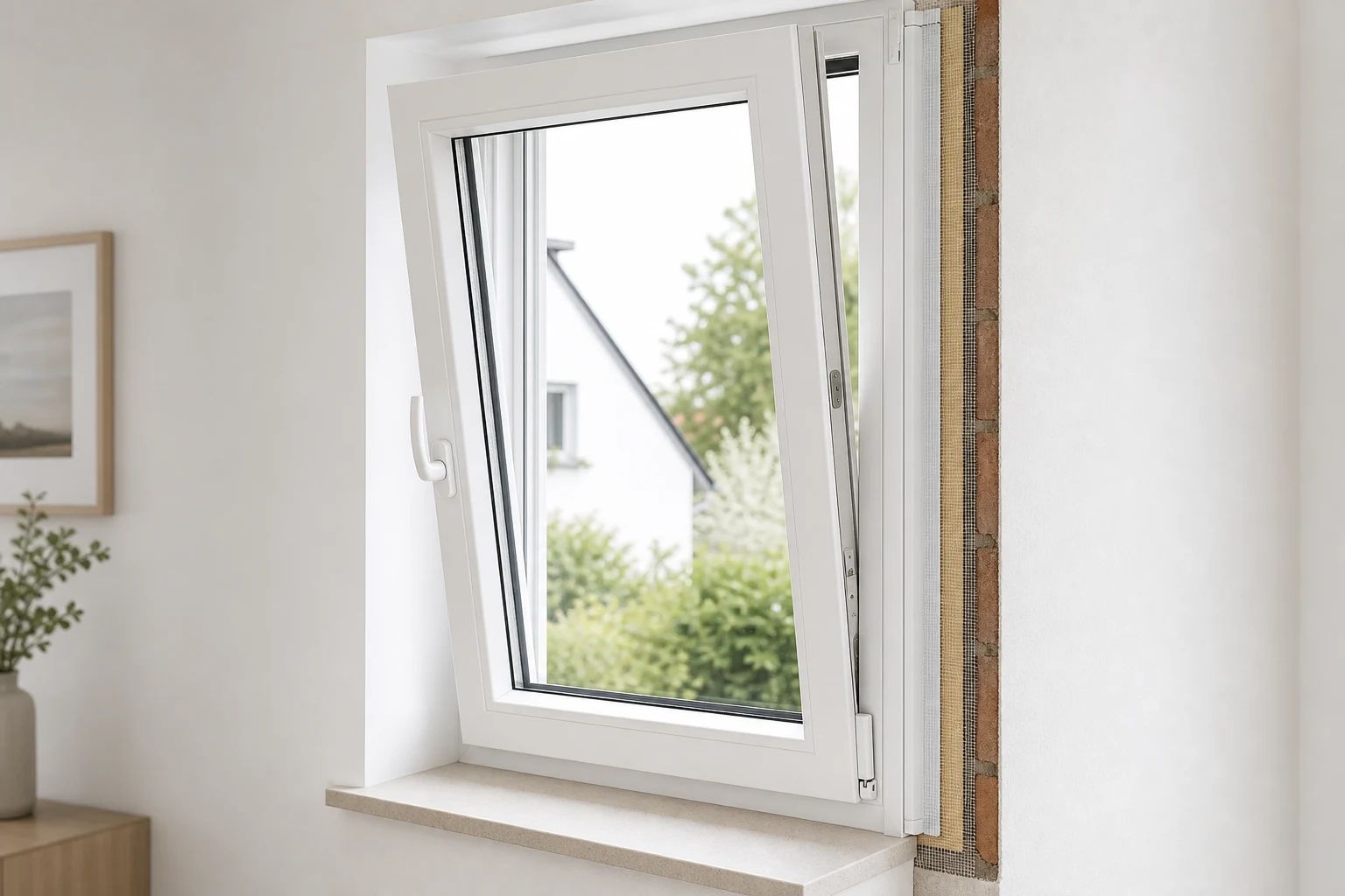 Eingebautes weißes PVC-Fenster in einer sanierten Wandlaibung