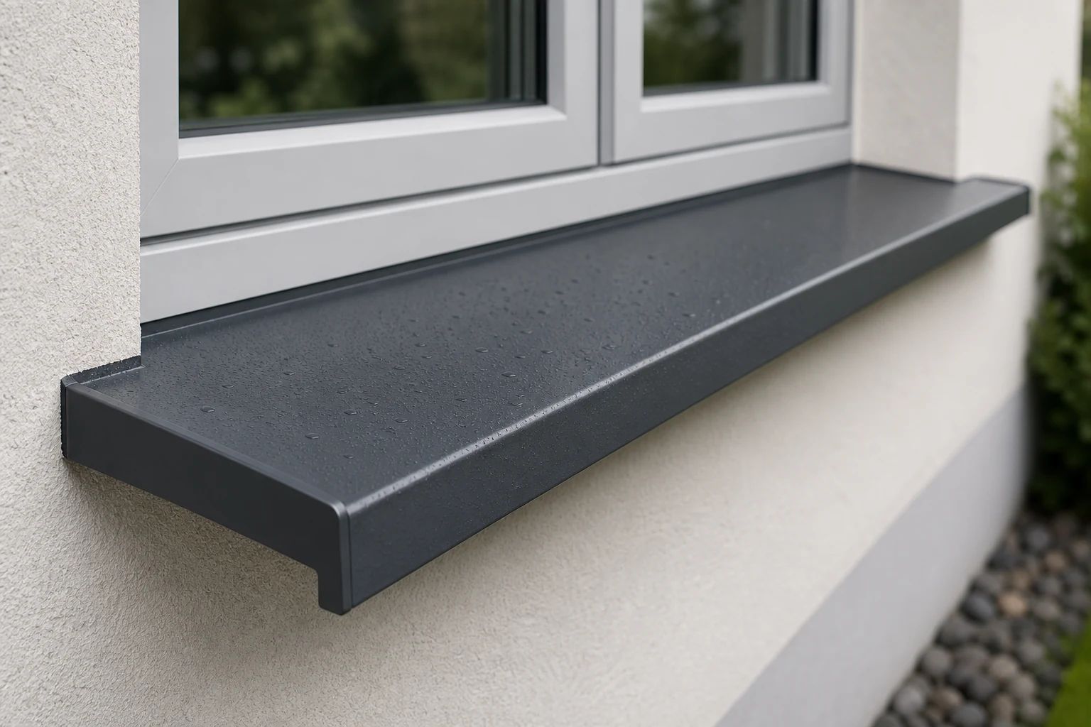 Montierte Außenfensterbank aus beschichtetem Aluminium mit Tropfkante und Fassadenanschluss