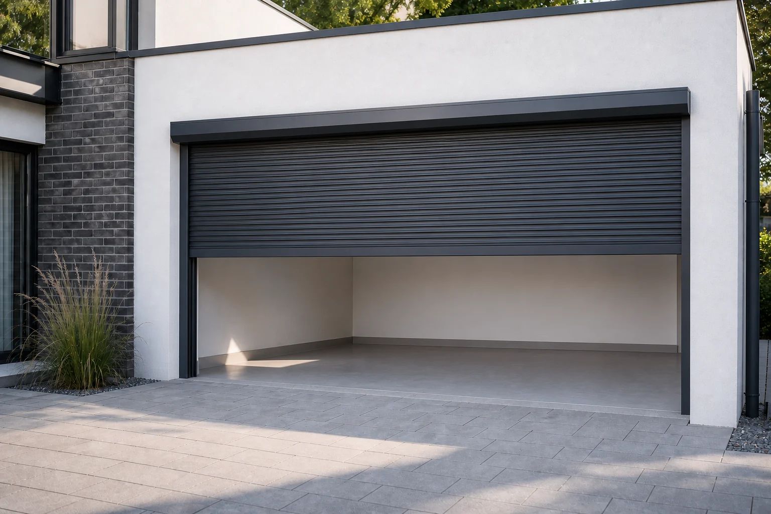 Rolltor aus schmalen Aluminiumlamellen, halb geöffnet, Behang wickelt in einen kompakten Kasten über der Öffnung