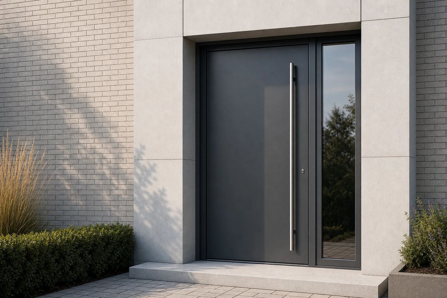 Flächenbündige anthrazitfarbene Aluminium-Haustür mit schmalem Seitenteil und langem Edelstahl-Stangengriff
