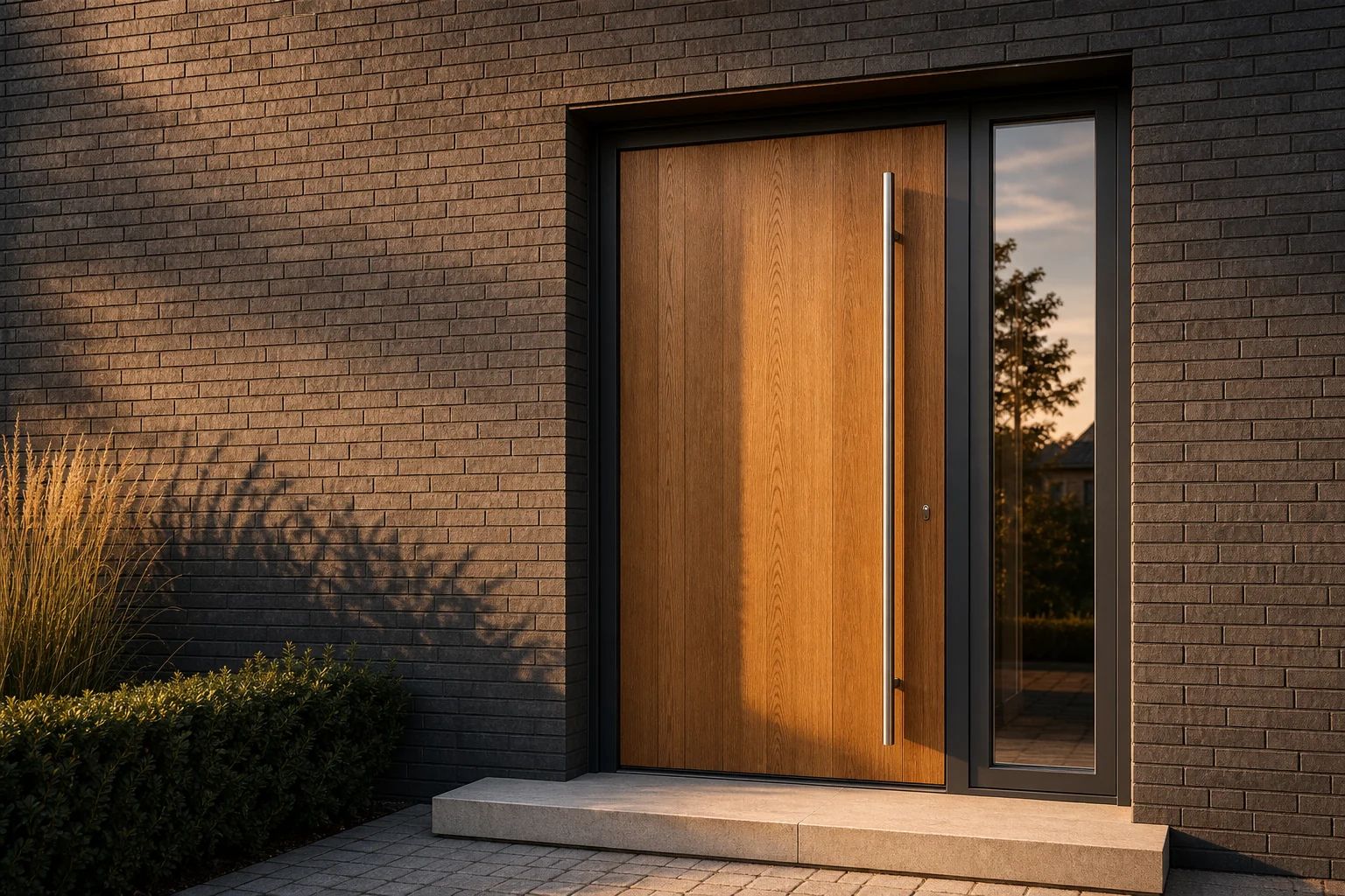Moderne Haustür aus geöltem Holz mit sichtbarer Maserung und schmalem Seitenteil in einer Klinkerfassade