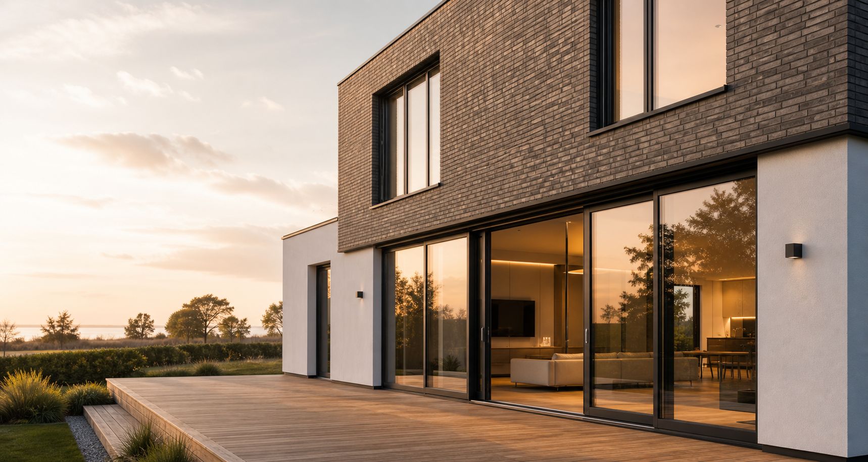 Modernes Einfamilienhaus in der Abendsonne mit großformatiger Verglasung und geöffneter Hebe-Schiebetür zur Terrasse