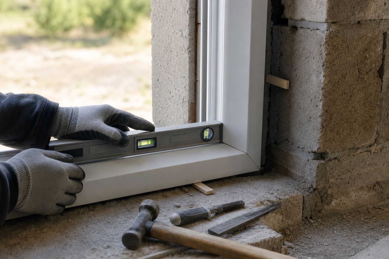 Handwerkerhände mit Wasserwaage an einem frisch montierten Fensterrahmen in einer Maueröffnung
