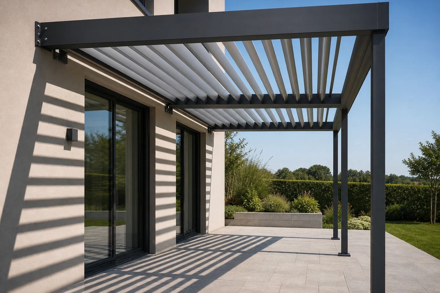 Anbaupergola aus Aluminium mit Wandanschluss am Haus und nur vorderer Pfostenreihe über einer Terrasse