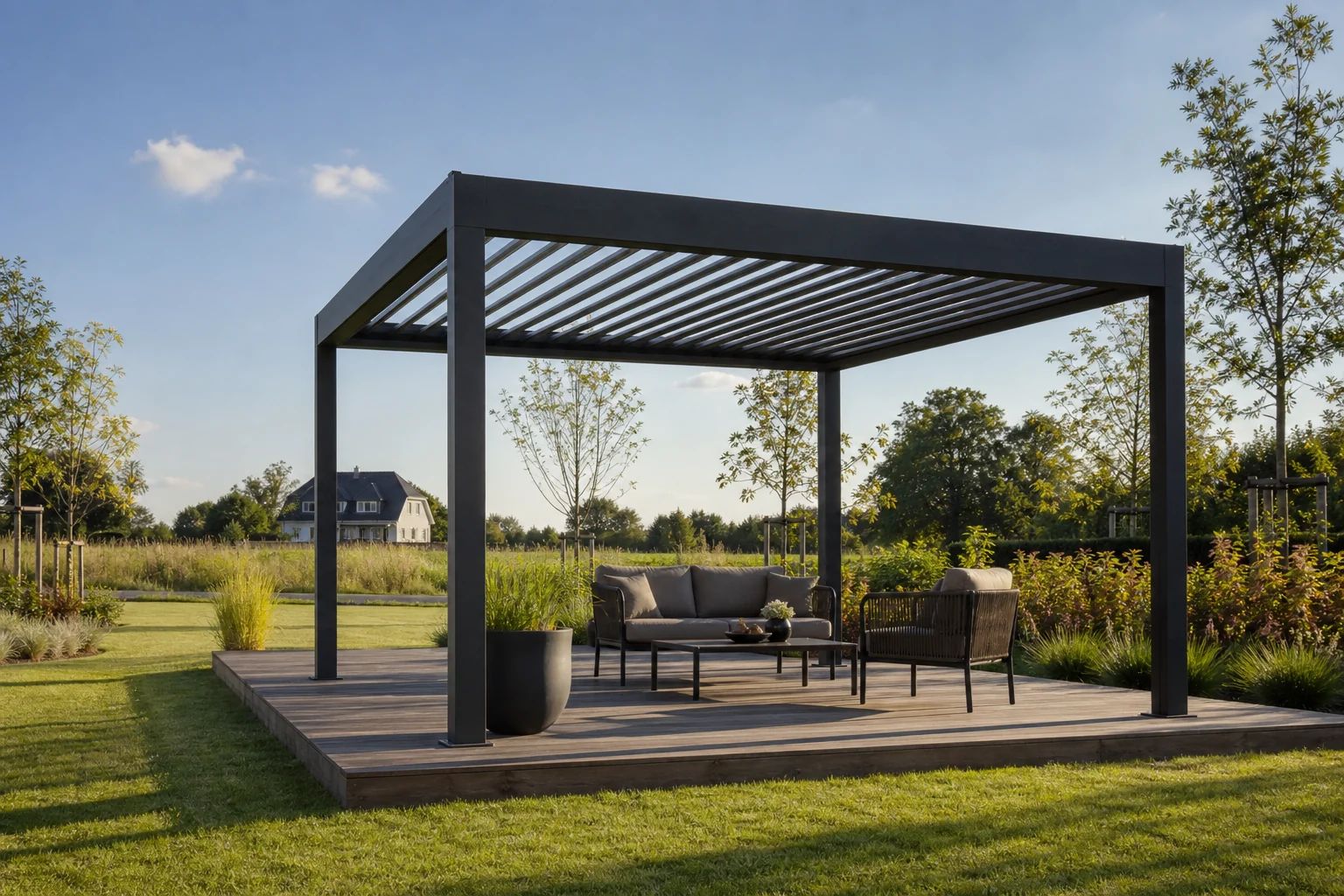Freistehende Lamellenpergola aus Aluminium auf vier Pfosten im Garten, allseitig frei stehend