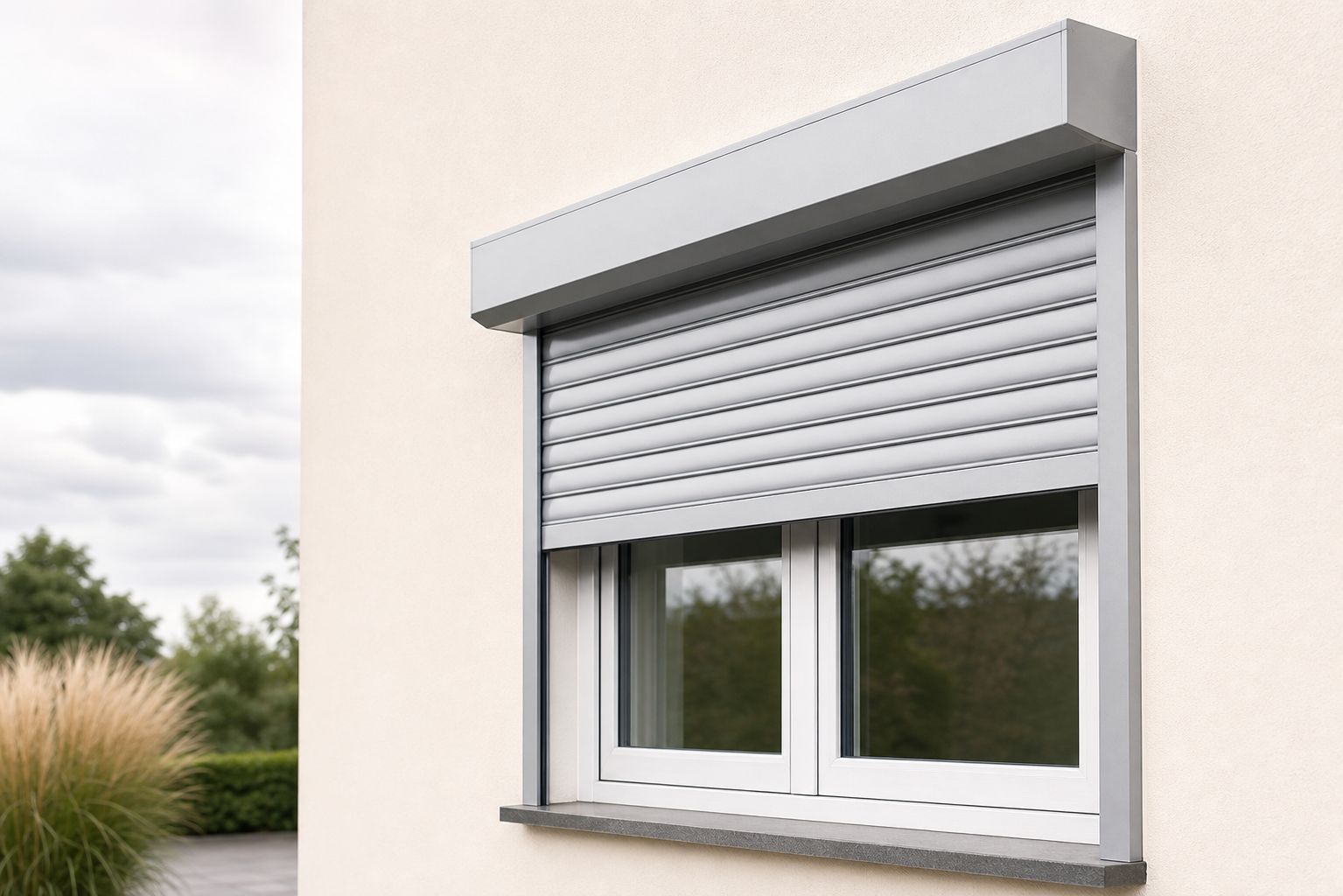Halb abgesenkter Rollladen mit Aluminiumlamellen, Führungsschiene und eckigem Vorbaukasten