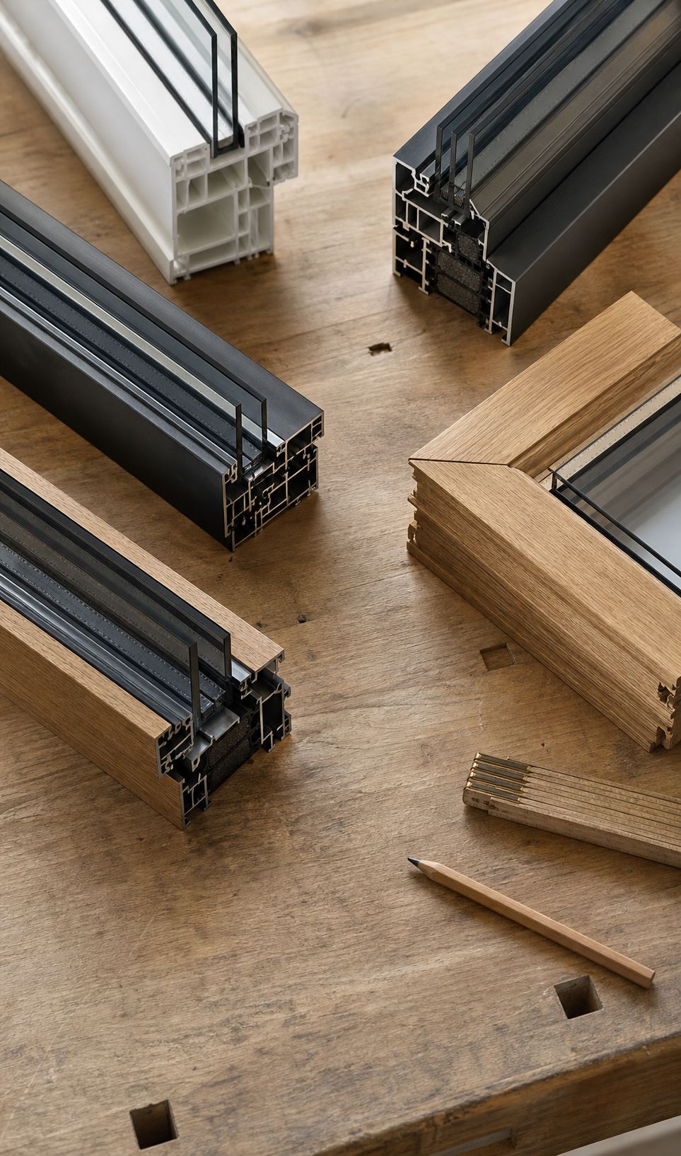 Werkbank mit zugeschnittenen Profilmustern aus PVC, Aluminium und Holz, Eckverbindungen und Zollstock
