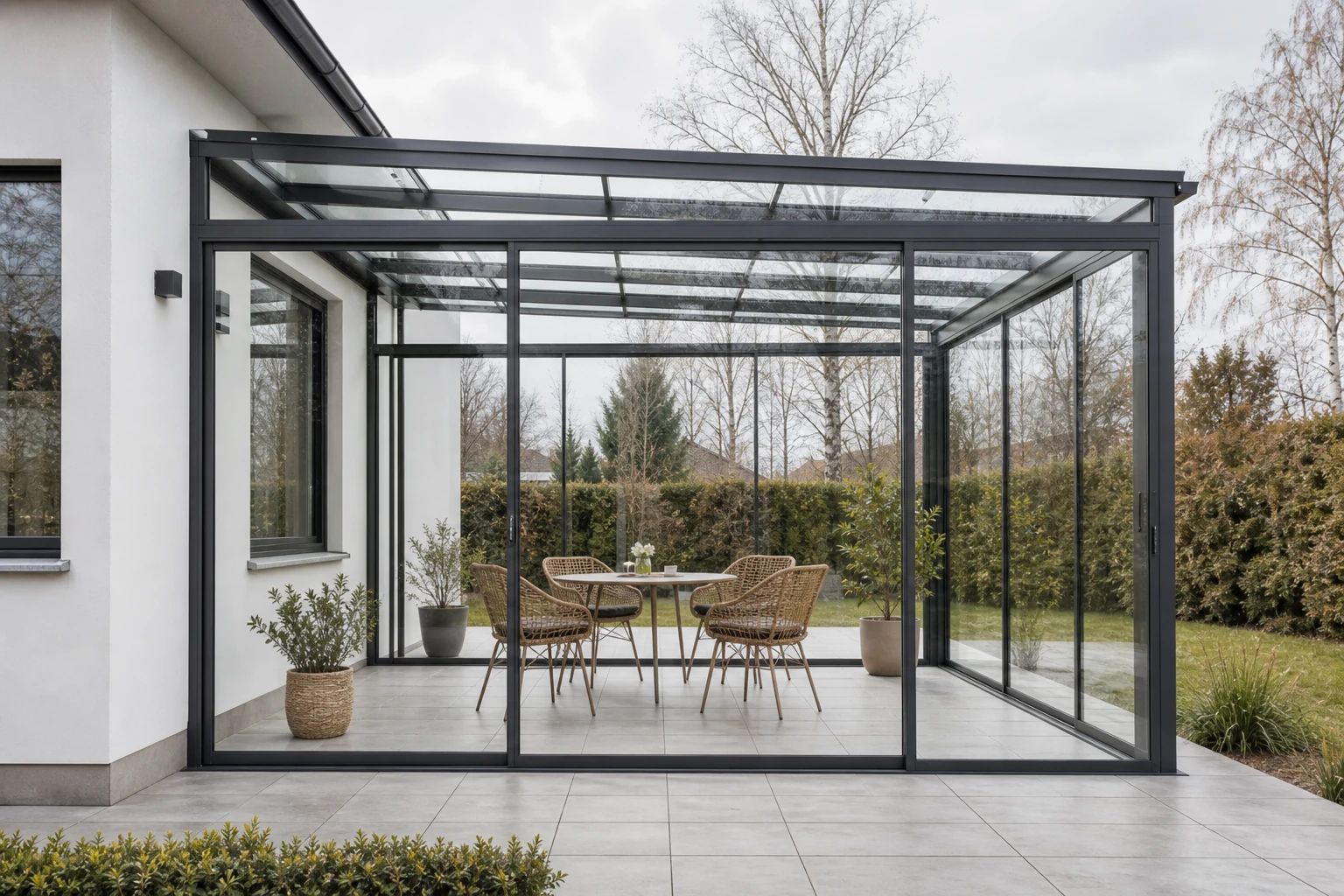 Unbeheizter Kaltwintergarten: leichte Verglasung mit schlanken Profilen und Terrassenmöbeln